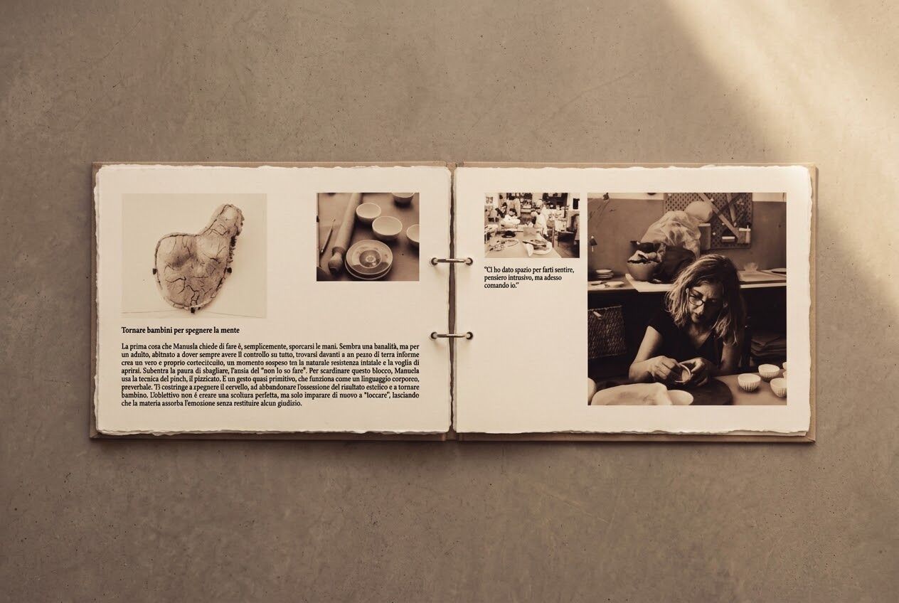 The Argilla photobook open on a spread: clay objects and a woman working at the table.